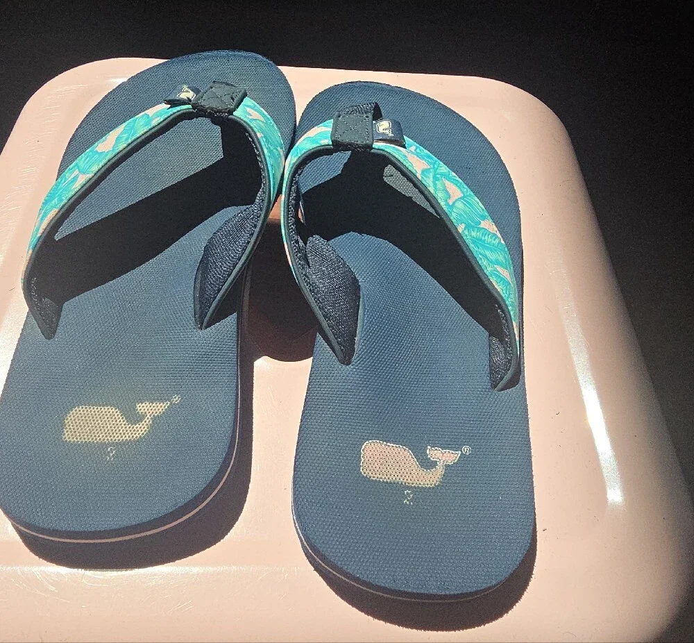 Vineyard Vines Kids Teal & Navy Flip Flops with Whale Logo